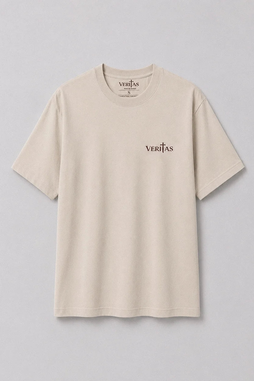 Camiseta unisex beige He prometido seguirte de VERITAS frontal